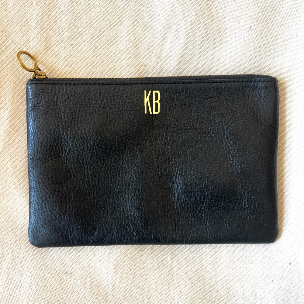 Madewell Leather Pouch Clutch - Black with gold monogram - KB Monogram